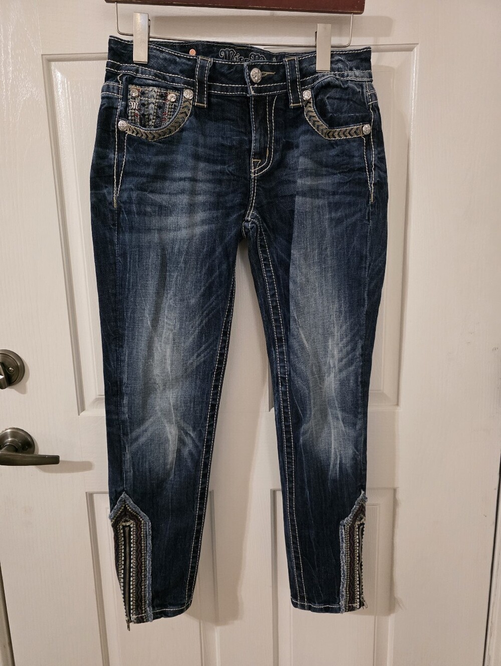 Miss Me Ankle Skinny Dark Wash Women's Jeans with Embroidered Accents